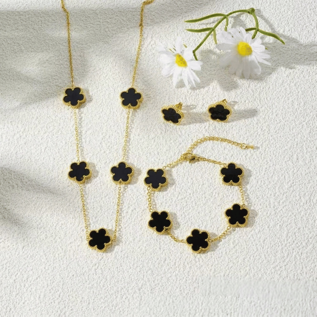 Pulseira Trevo Aço com Banho de ouro 15mm - Preto - Aço com Banho de ouro