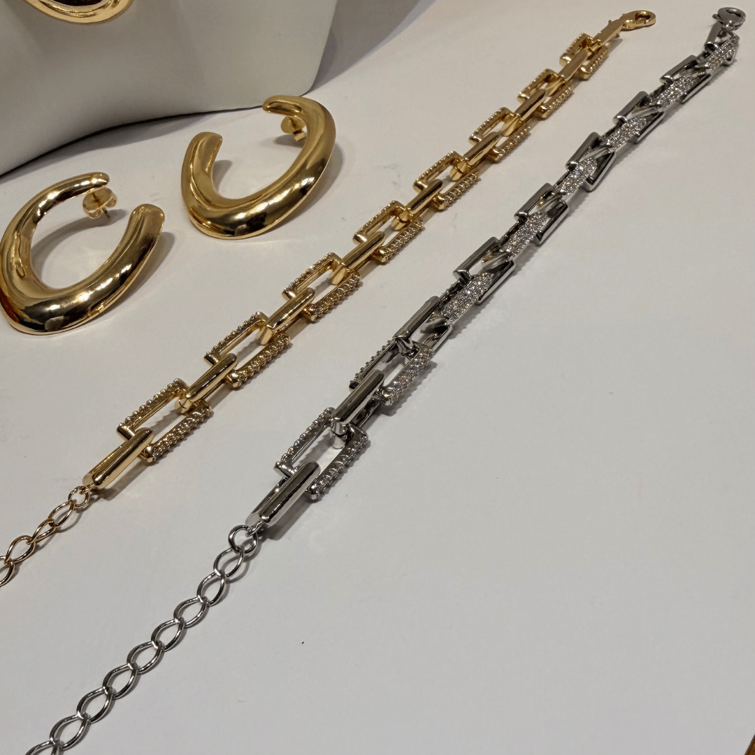 Pulseira Elos retangulares Cravejada - banho de Rodio