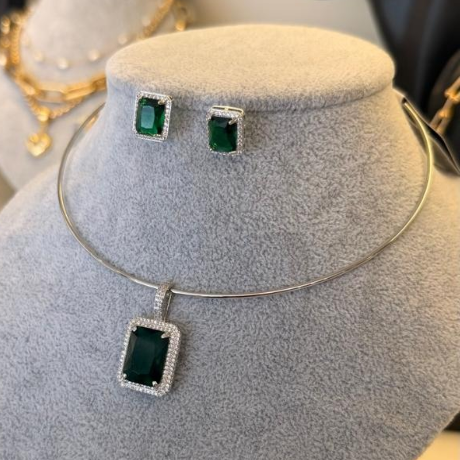 Conjunto Aro Pedra Retangular - Translucida Verde