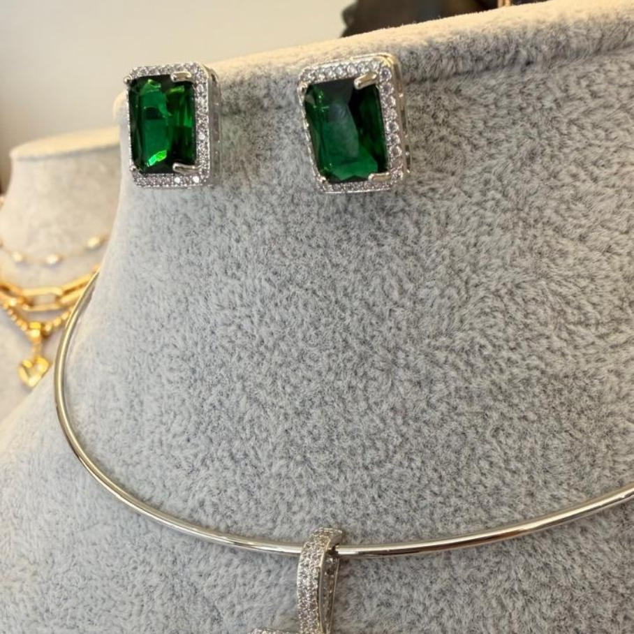 Conjunto Aro Pedra Retangular - Translucida Verde