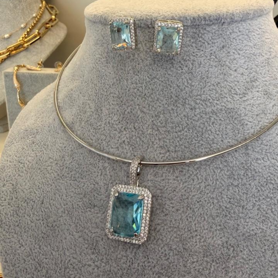 Conjunto Aro Pedra Retangular - Translucida Azul