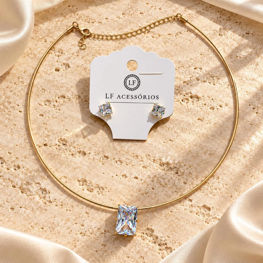 Conjunto em Aro com Pingente Retangular de Zirconia