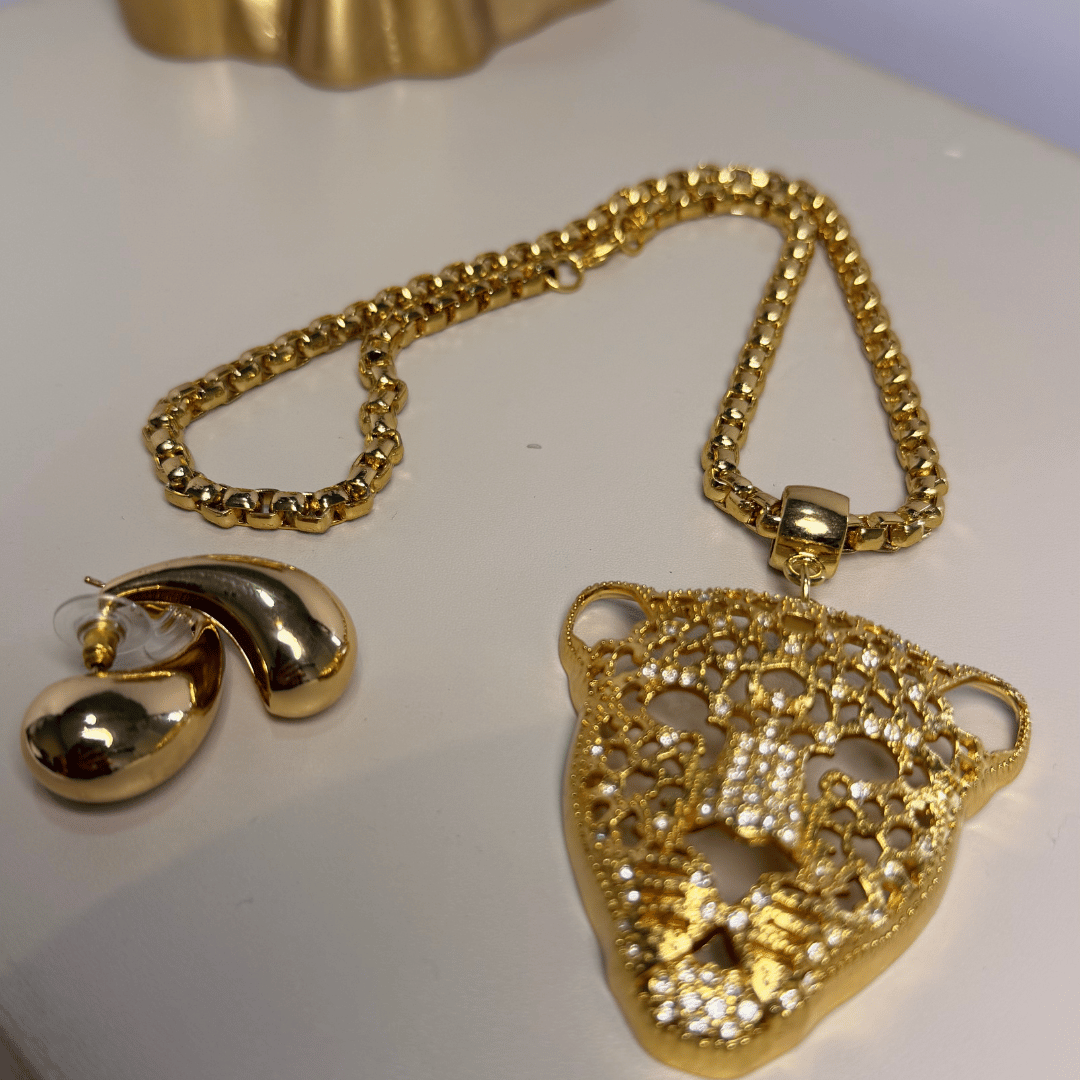 Colar Leopardo corrente Elo Português - Banho de ouro