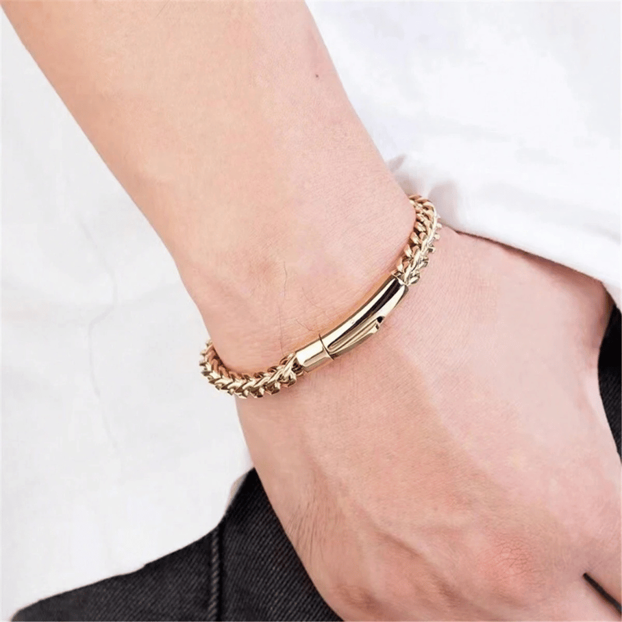 Pulseira Masculina em Elo Grumet dupla em aço inox com banho Fecho com Trava