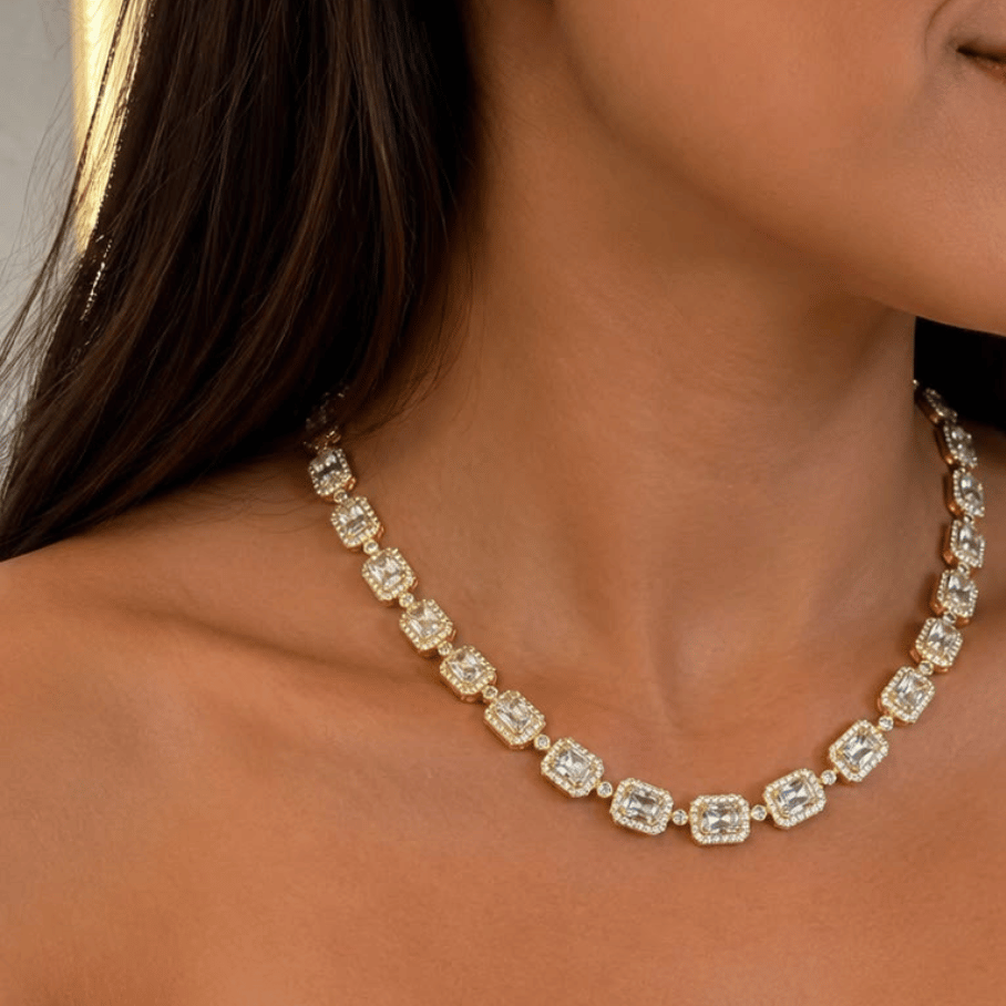 Conjunto em Riviera com zircônias retangulares Cravejada em Volta