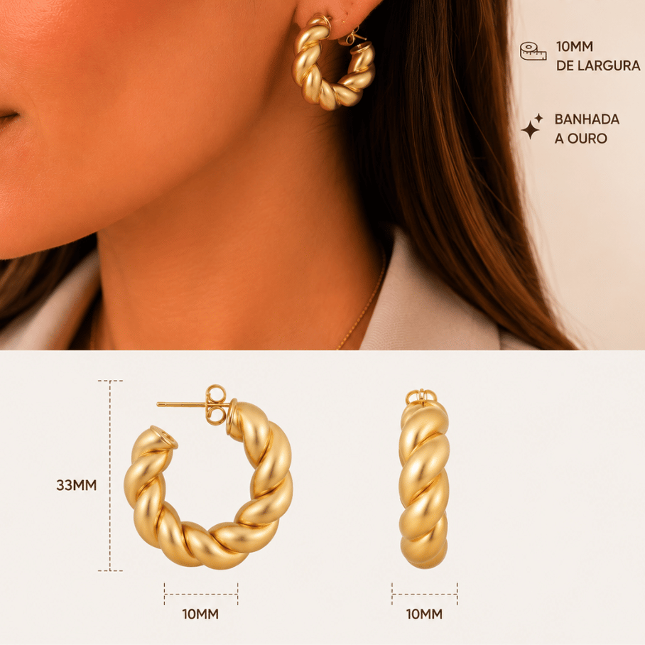 Brinco de argola torcida fosca com 33mm - Banho de Ouro