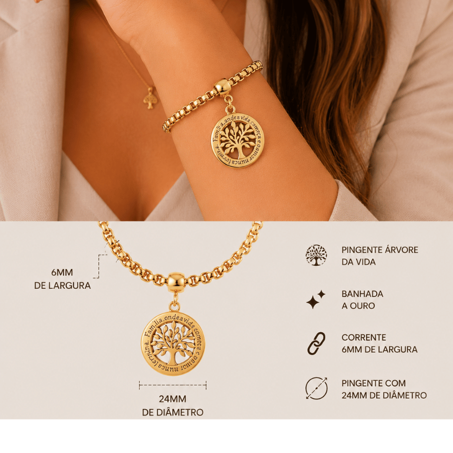 Pulseira Elo Português pingente Arvore da Vida - Banho de Ouro