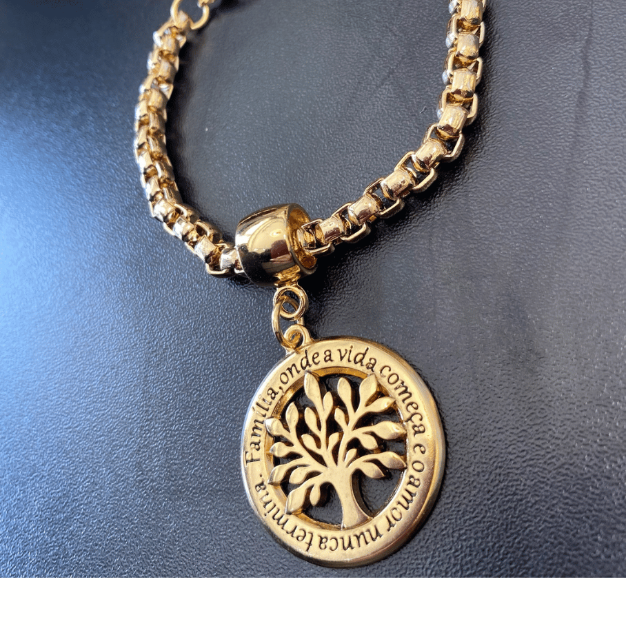 Pulseira Elo Português pingente Arvore da Vida - Banho de Ouro