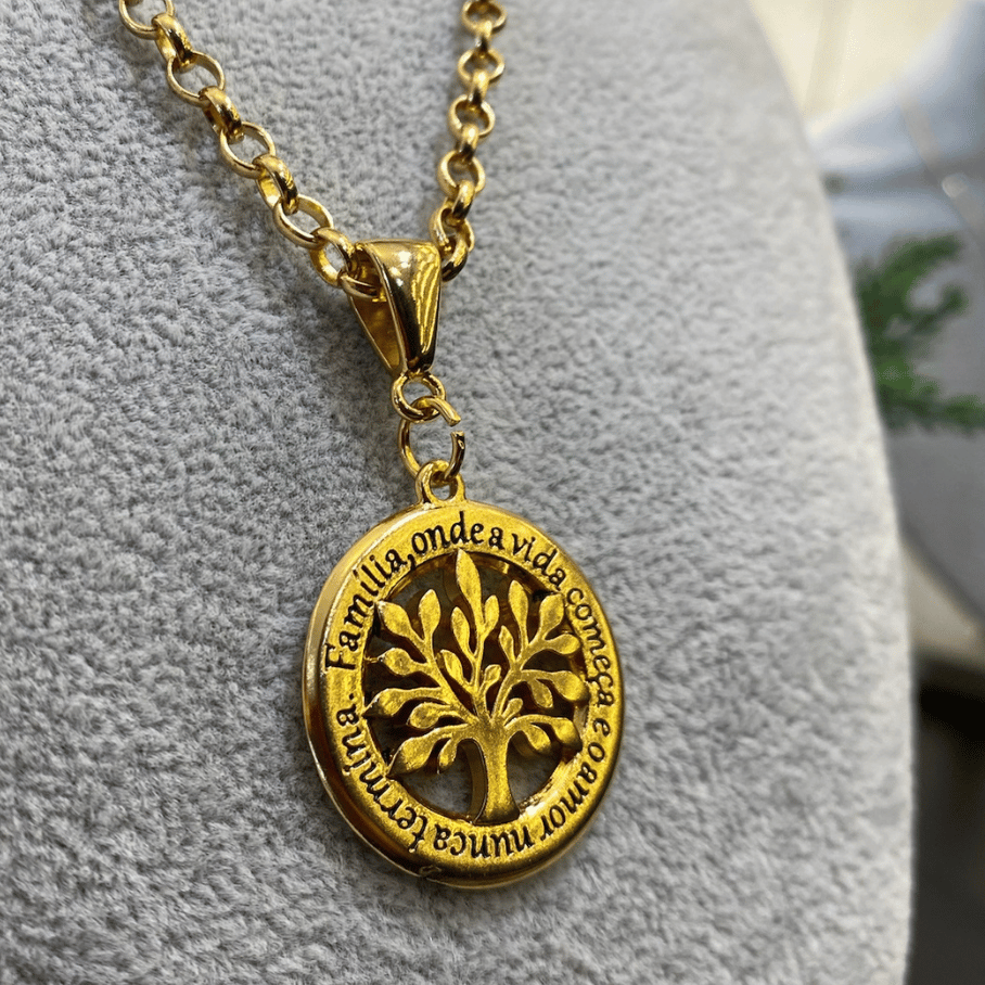 Colar Elo português pingente Arvore da Vida 28mm 45cm - Banho de Ouro