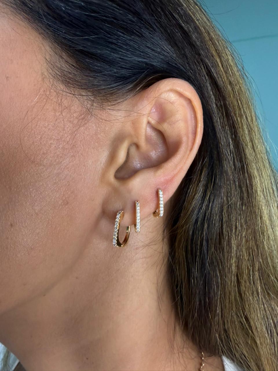 Trio Brinco de Argolinhas Quadradas Cravejada de Zircônias -  Banhado a Ouro 18k