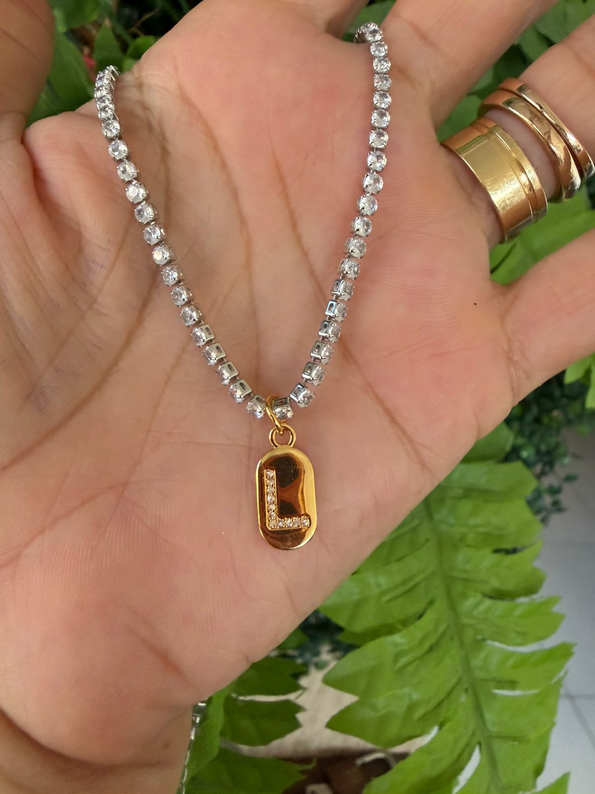 Colar Riviera Com Pingente de Letra Cravejado- Banhado a Ouro 18k